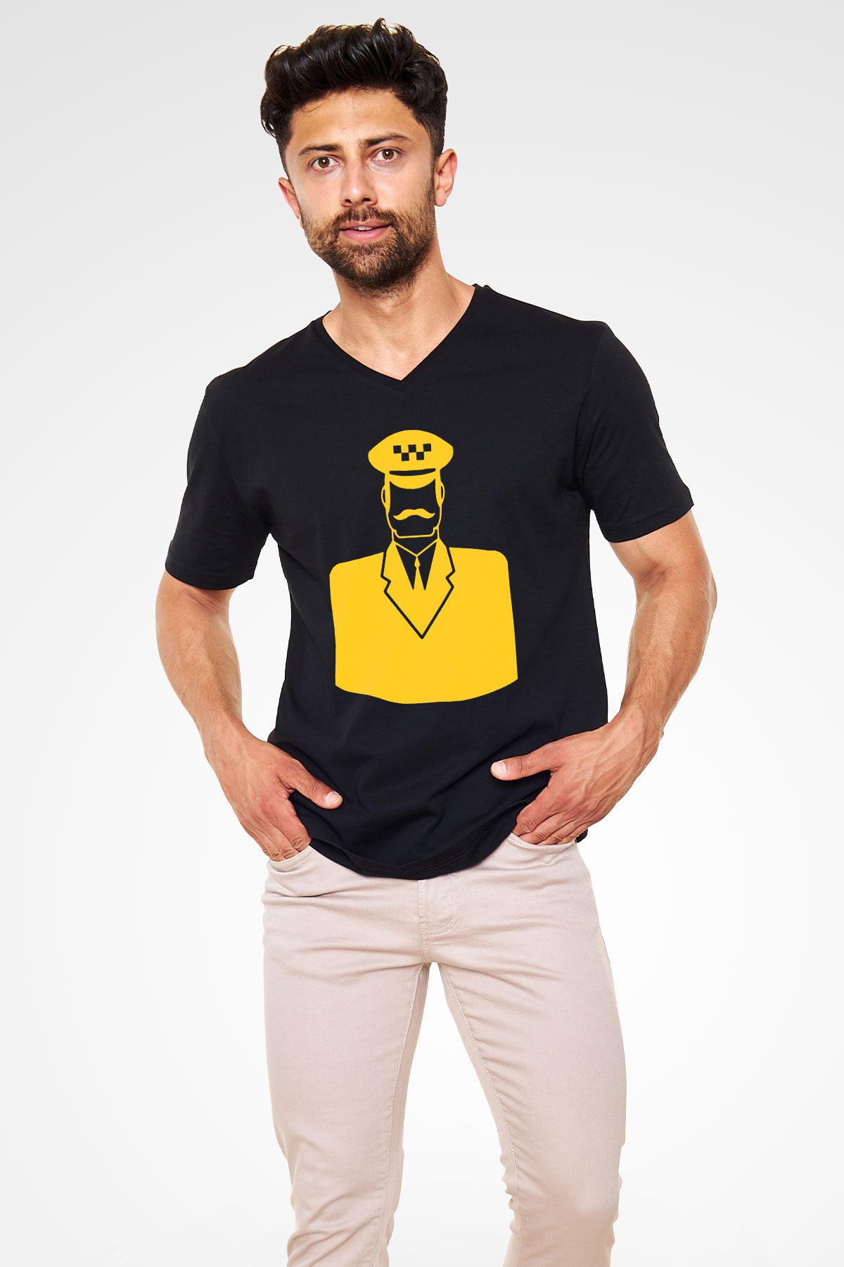 Taksici Siyah Unisex V Yaka Tişört T-Shirt