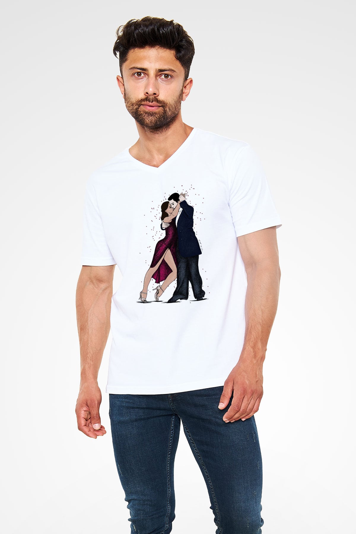 Tango Beyaz Unisex V Yaka Tişört