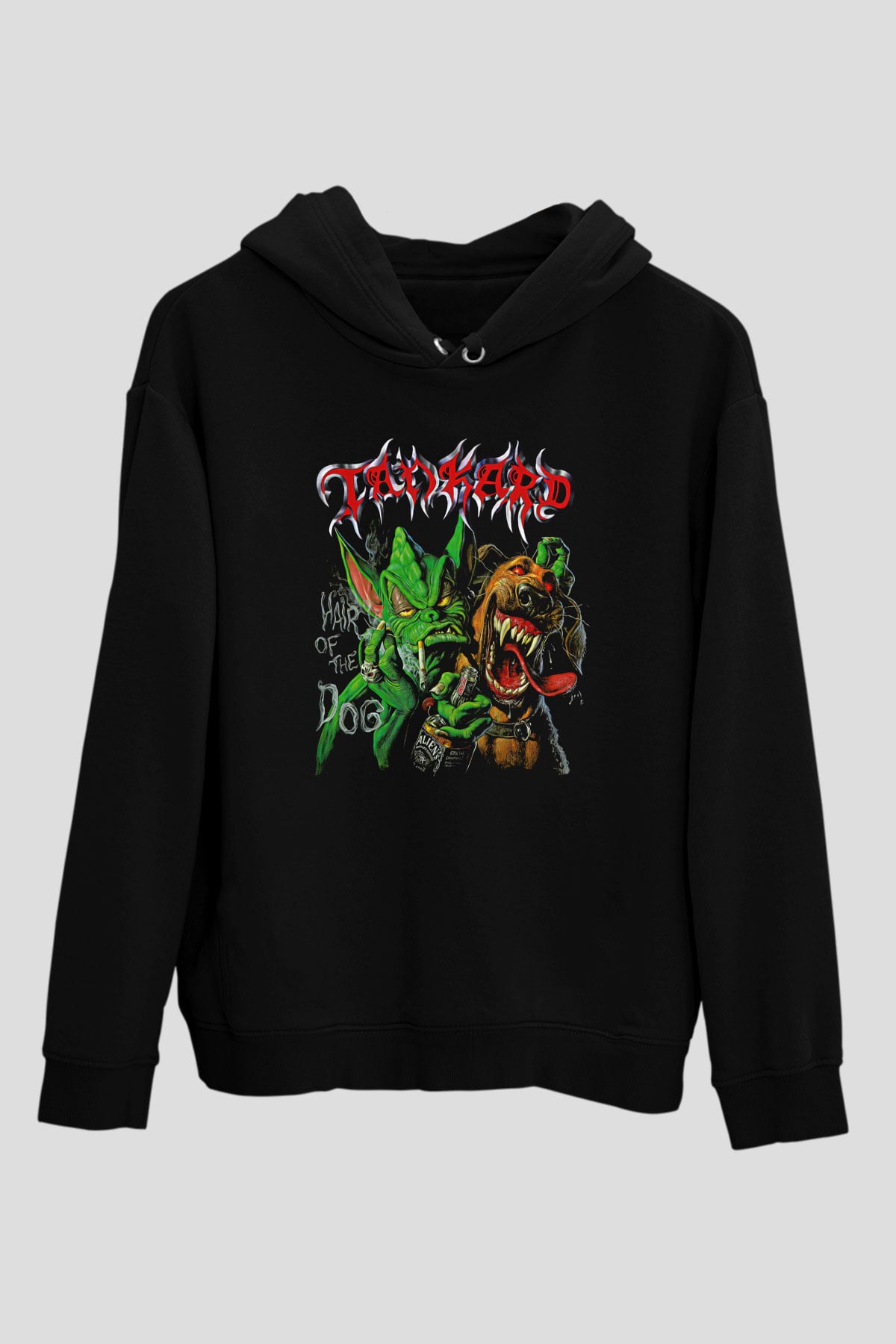 Tankard Baskılı Unisex Siyah Kapüşonlu Sweatshirt