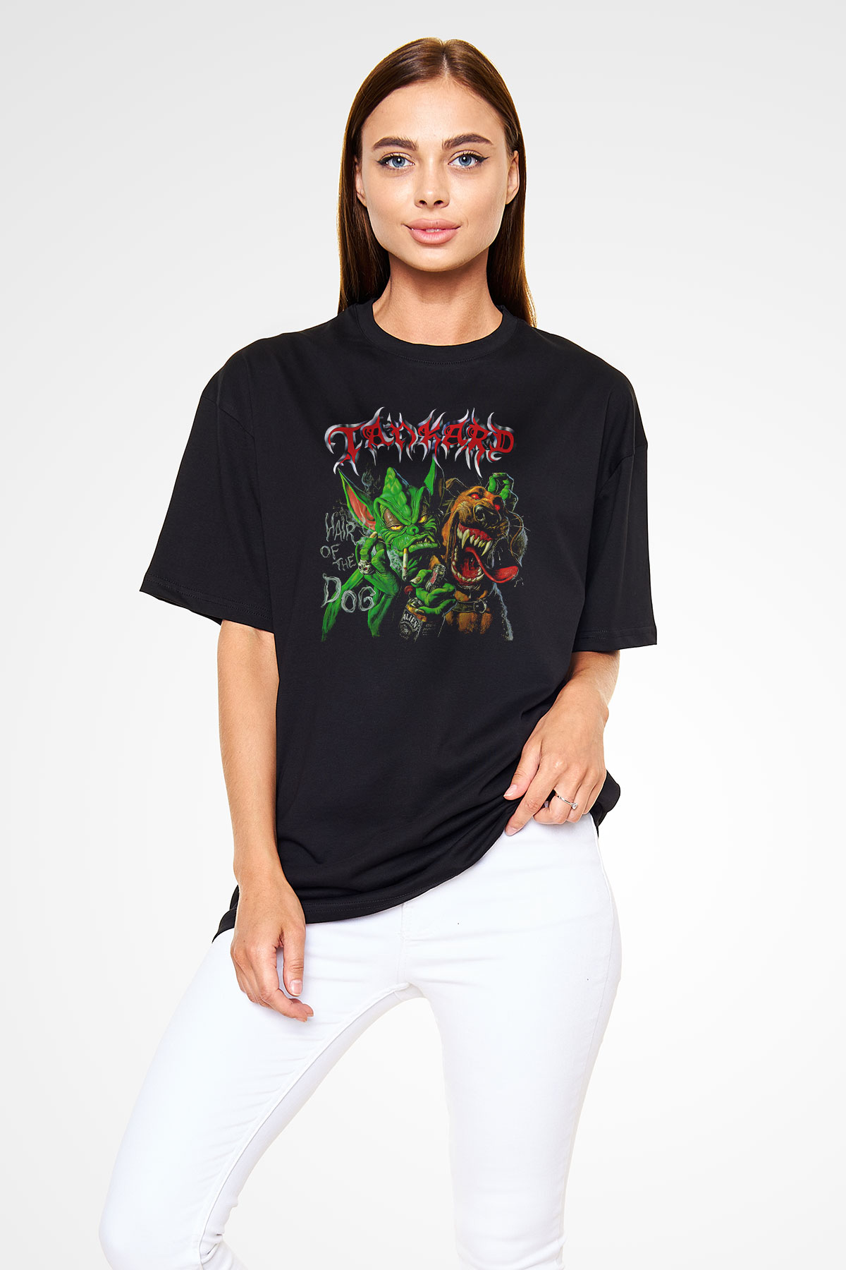 Tankard Baskılı Unisex Siyah Oversize Tişört - Tshirt