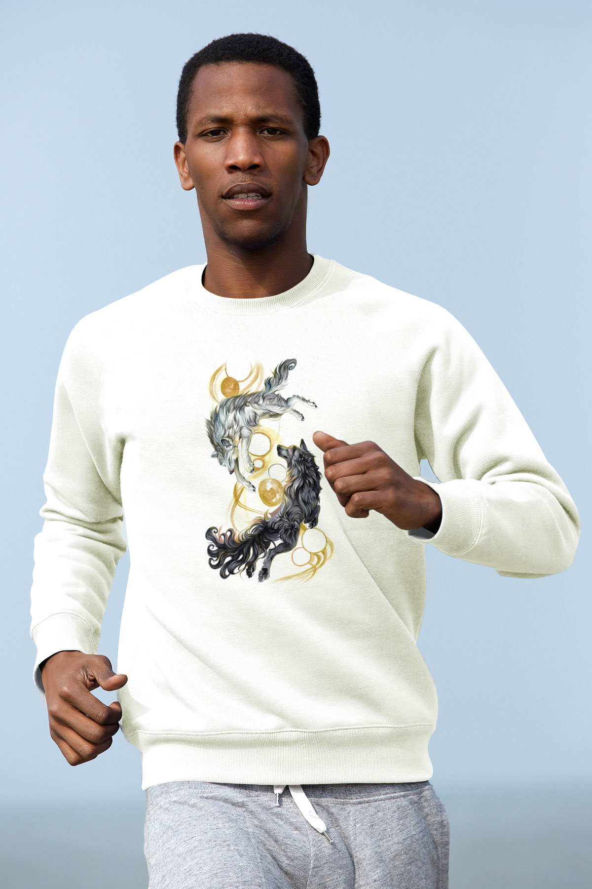Tasarım Kurt Baskılı Unisex Beyaz  Sweatshirt