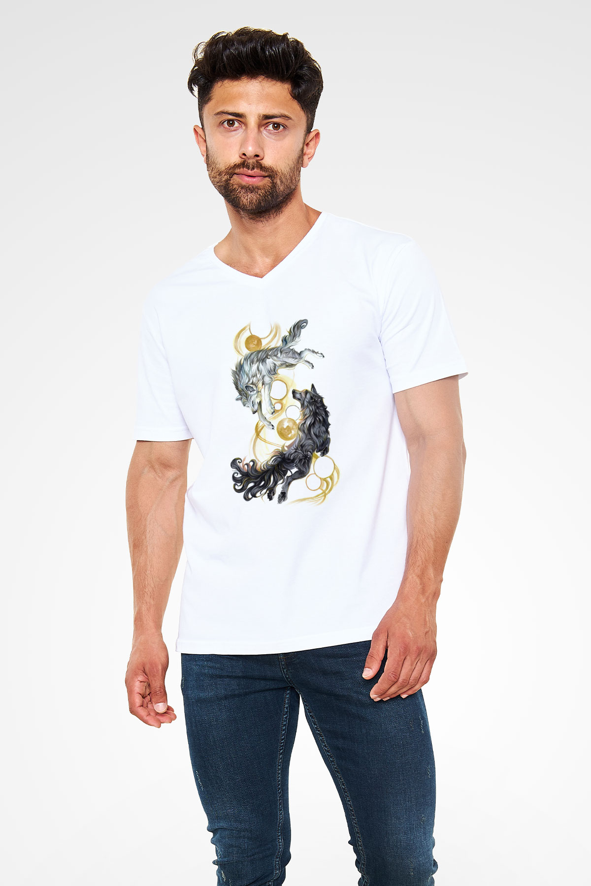 Tasarım Kurt Baskılı Unisex Beyaz  V Yaka Tişört