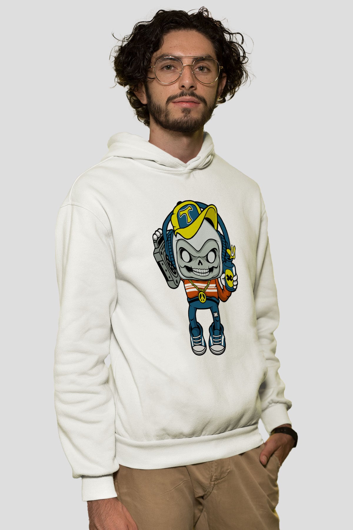 Task Master Skull Boombox Baskılı Unisex Beyaz Hoodie