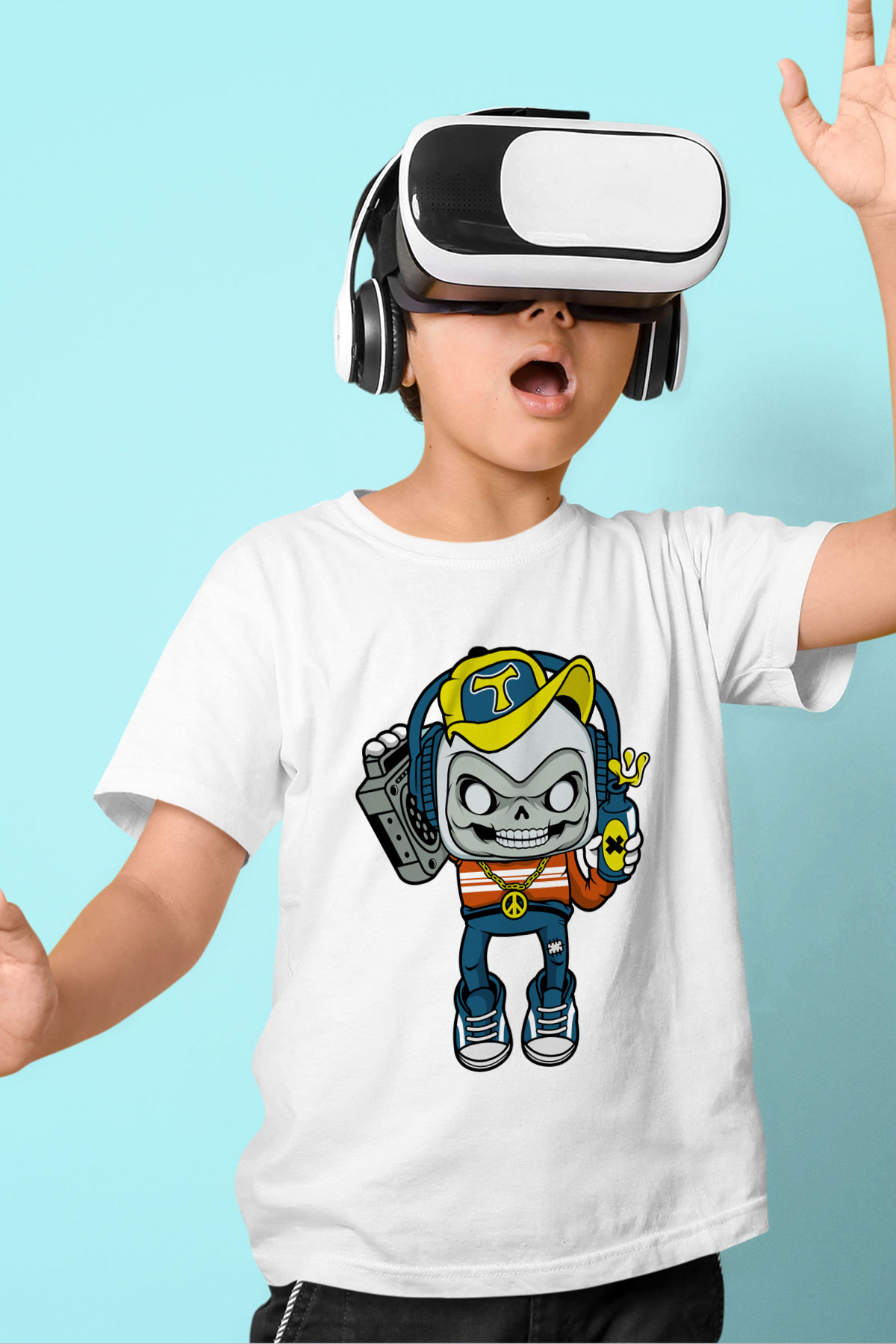 Task Master Skull Boombox Baskılı Unisex Beyaz Çocuk Tişört