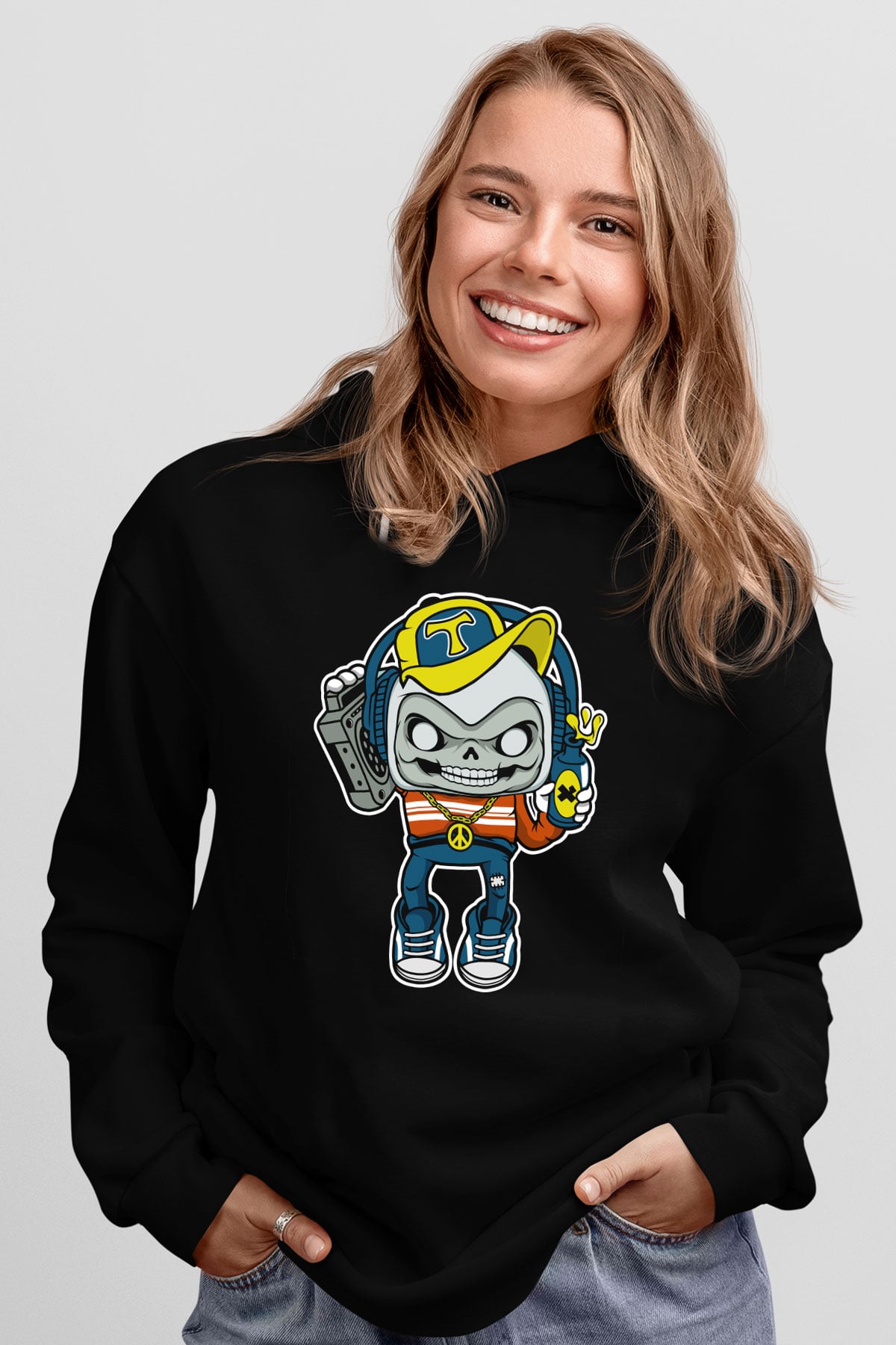 Task Master Skull Boombox Baskılı Unisex Siyah Hoodie