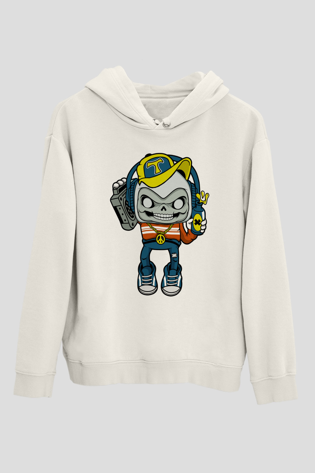 Task Master Skull Boombox Baskılı Unisex Beyaz Hoodie