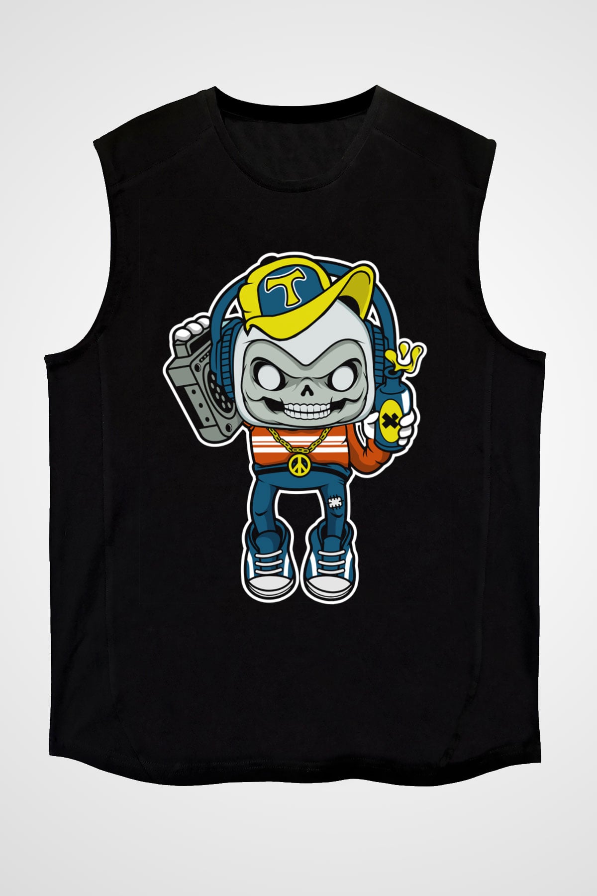 Task Master Skull Boombox Baskılı Unisex Siyah Kolsuz Tişört