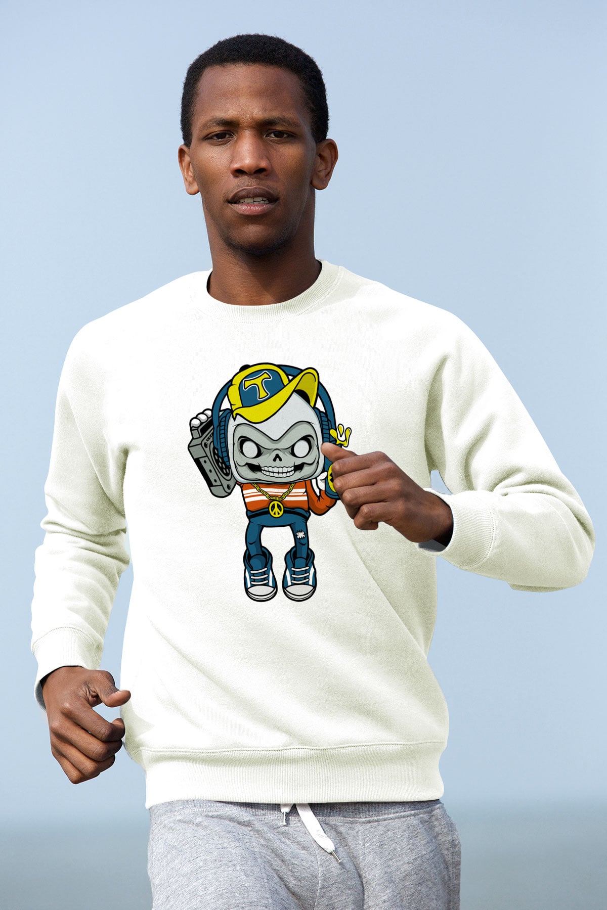 Task Master Skull Boombox Baskılı Unisex Beyaz Sweatshirt