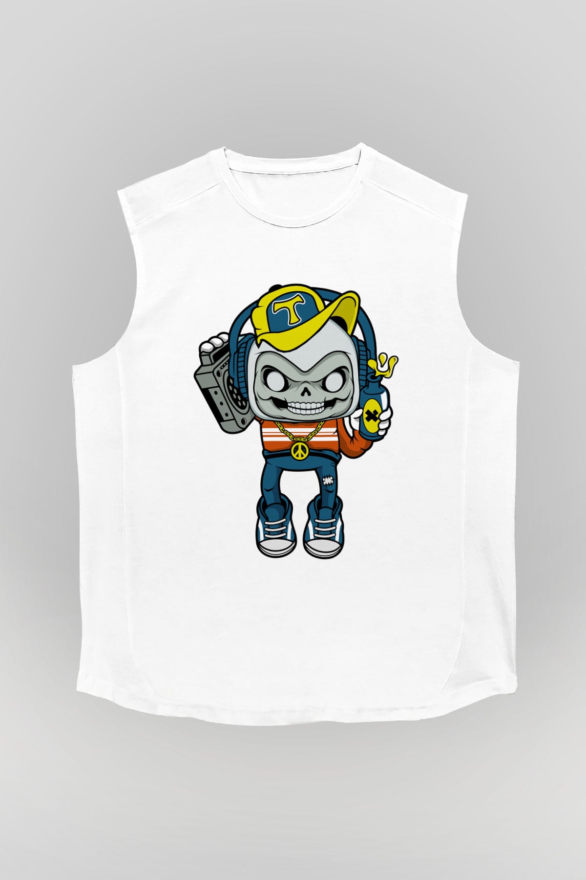 Task Master Skull Boombox Baskılı Unisex Beyaz Kolsuz Tişört