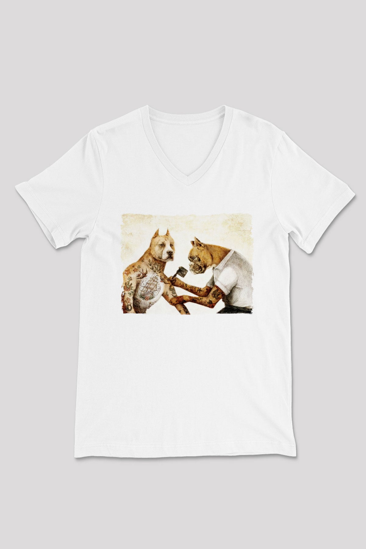Tatoo Pitbull Baskılı Unisex Beyaz  V Yaka Tişört