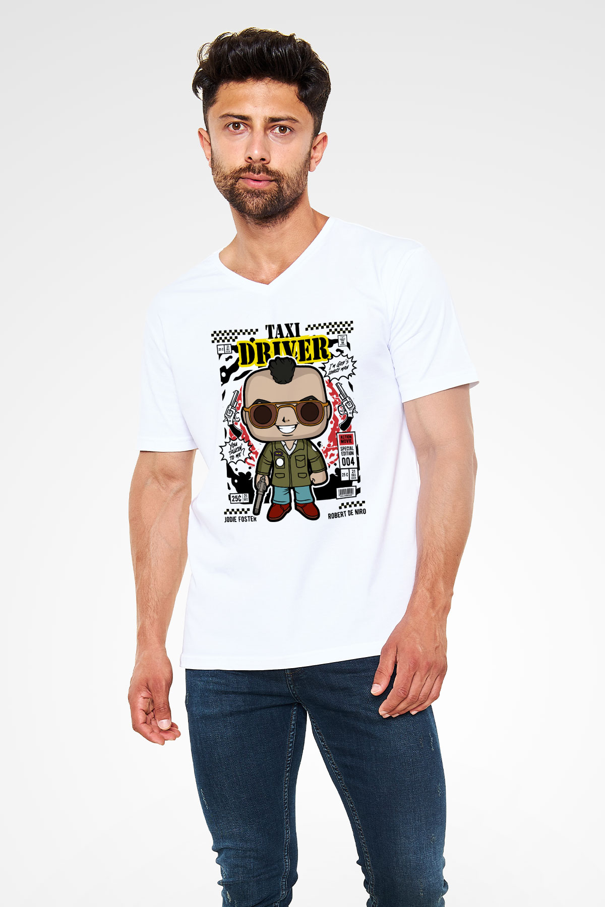 Taxi Driver Baskılı Unisex Beyaz V Yaka Tişört