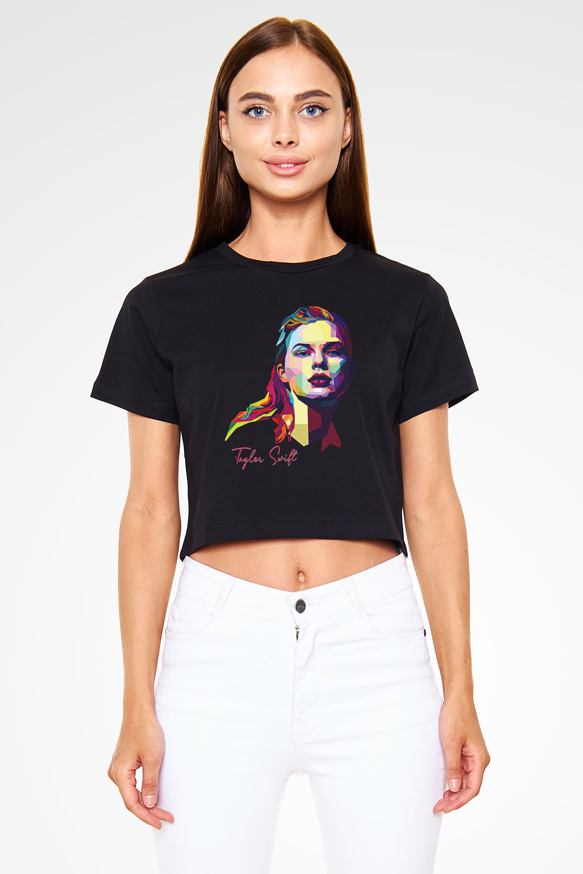 Taylor Swift Baskılı Baskılı Siyah Crop Top Kadın Tişört - Tshirt