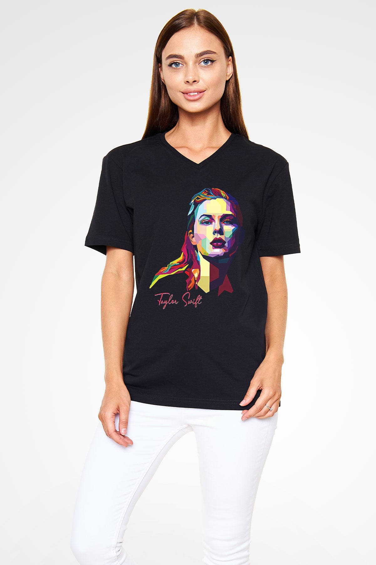 Taylor Swift Baskılı Baskılı Unisex Siyah V Yaka Tişört - Tshirt