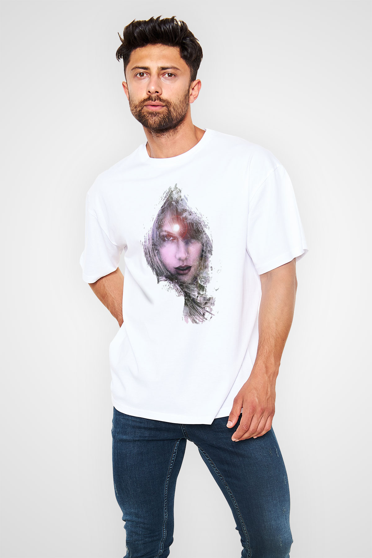 Taylor Swift Baskılı Beyaz Unisex Oversize Tişört - Tshirt