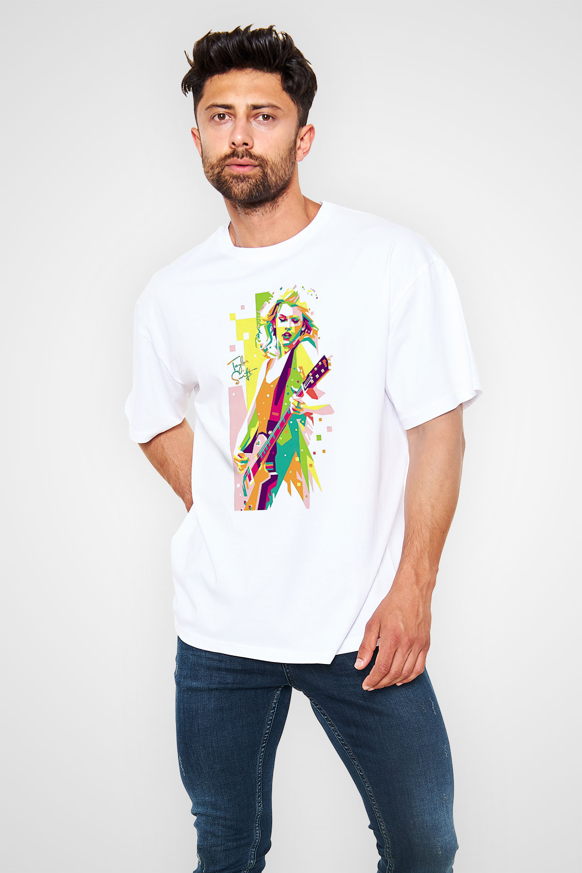 Taylor Swift Baskılı Beyaz Unisex Oversize Tişört - Tshirt