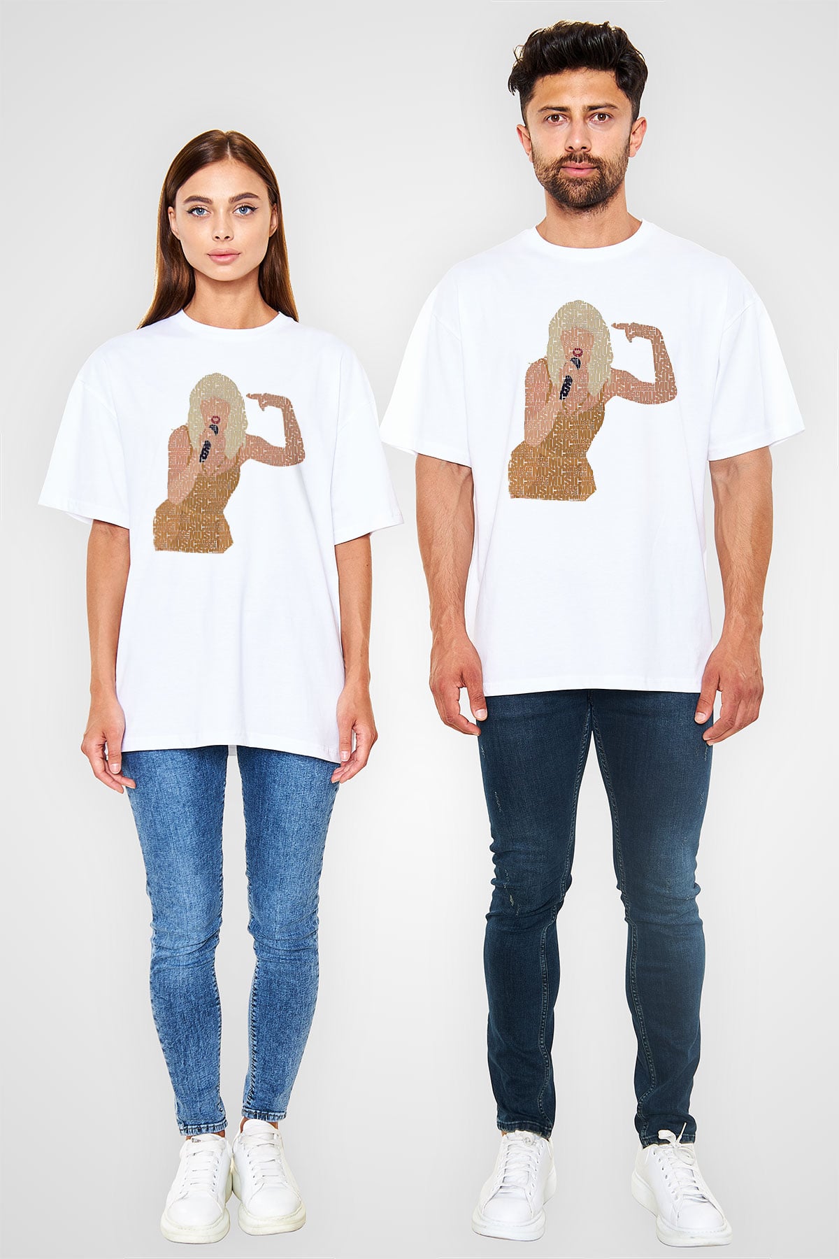 Taylor Swift Baskılı Beyaz Unisex Oversize Tişört - Tshirt