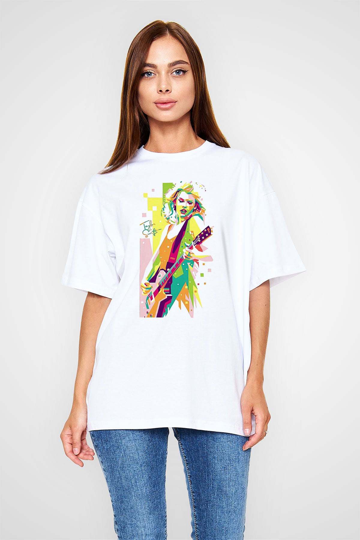 Taylor Swift Baskılı Beyaz Unisex Oversize Tişört - Tshirt