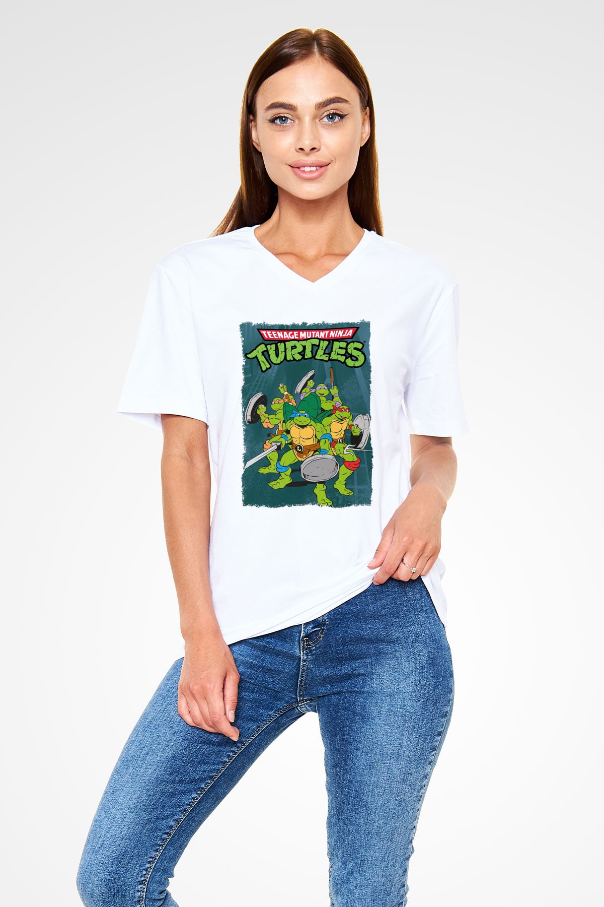 Teenage Mutant Ninja Turtles Ninja Kaplumbağalar Beyaz Unisex V Yaka Tişört