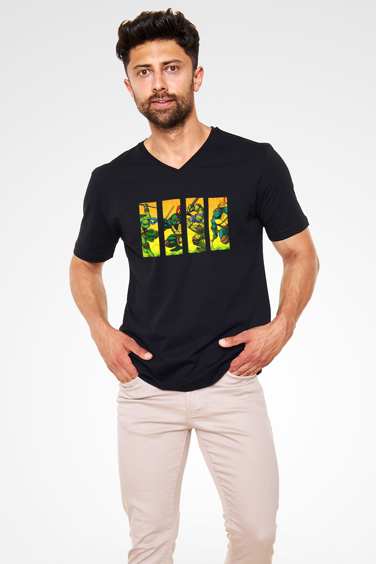 Teenage Mutant Ninja Turtles Ninja Kaplumbağalar Siyah Unisex V Yaka Tişört