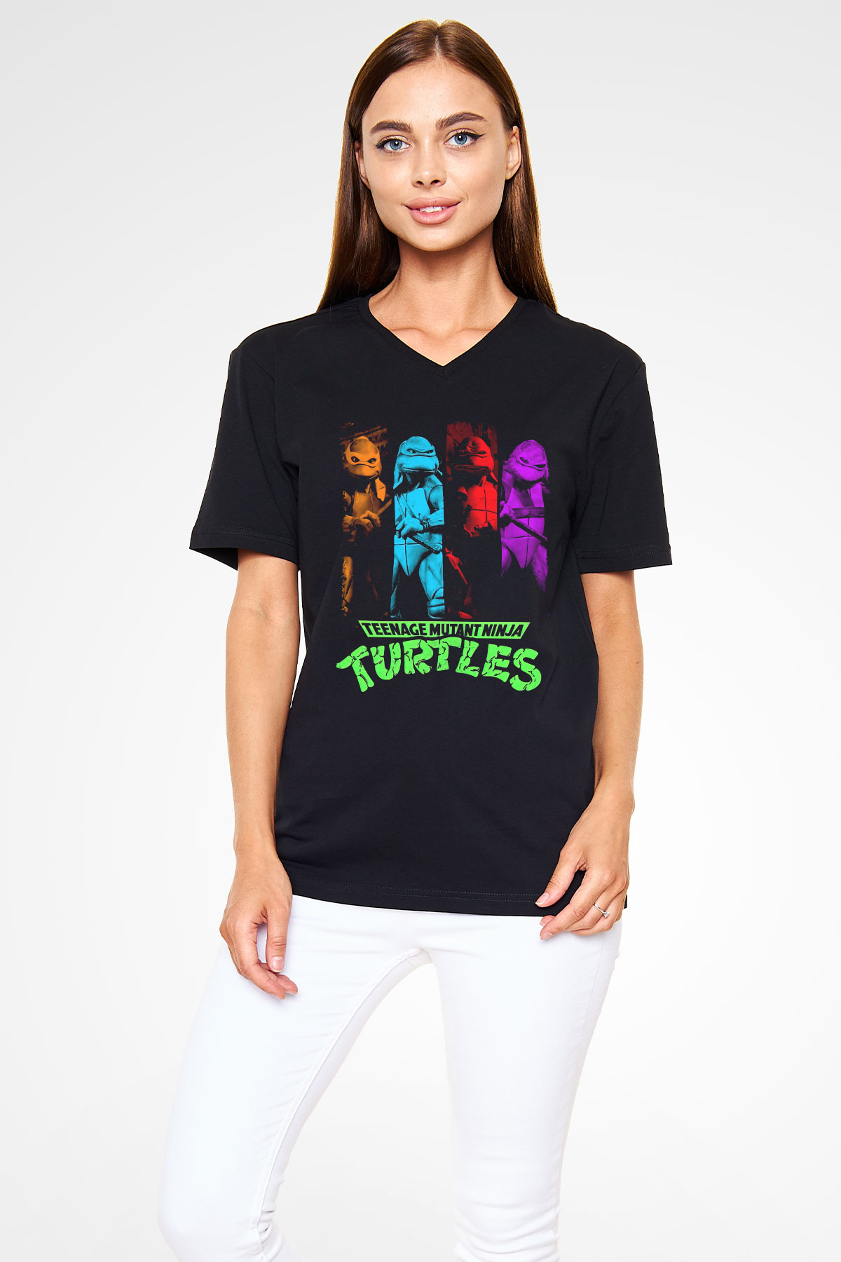 Teenage Mutant Ninja Turtles Ninja Kaplumbağalar Siyah Unisex  V Yaka Tişört