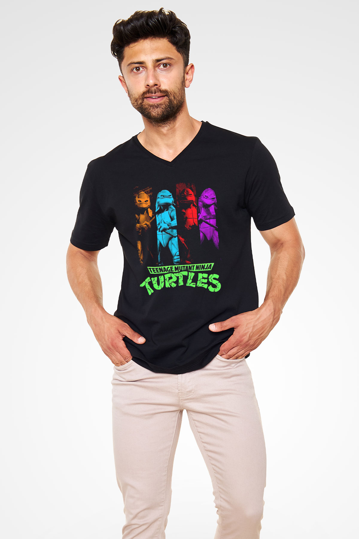 Teenage Mutant Ninja Turtles Ninja Kaplumbağalar Siyah Unisex  V Yaka Tişört
