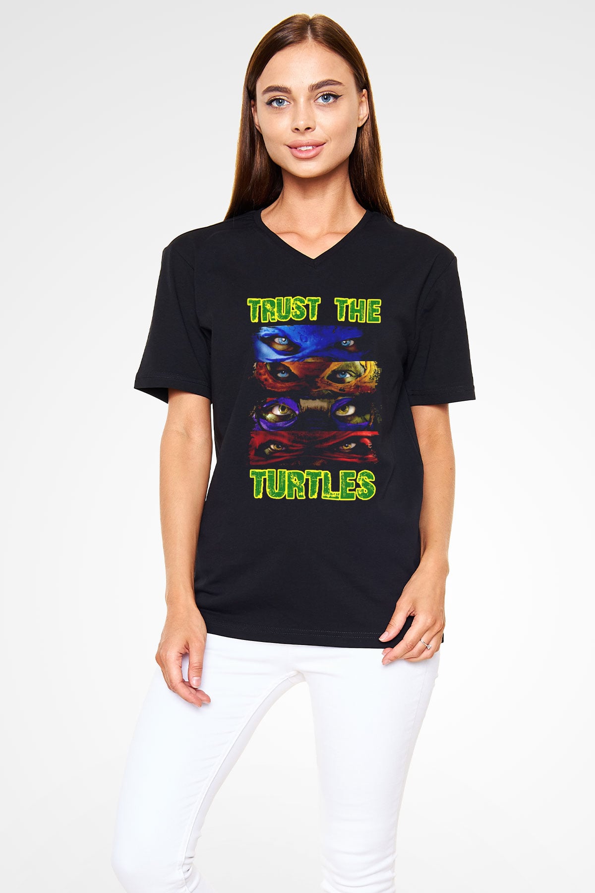 Teenage Mutant Ninja Turtles Ninja Kaplumbağalar Siyah Unisex  V Yaka Tişört