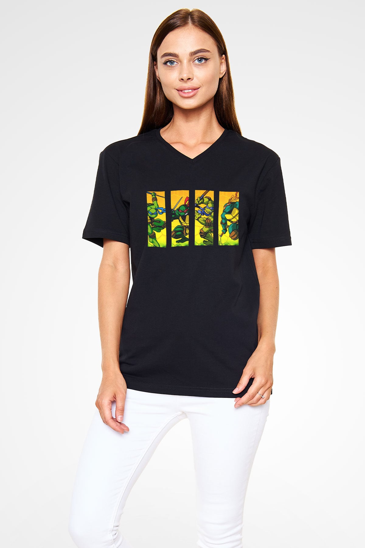Teenage Mutant Ninja Turtles Ninja Kaplumbağalar Siyah Unisex V Yaka Tişört