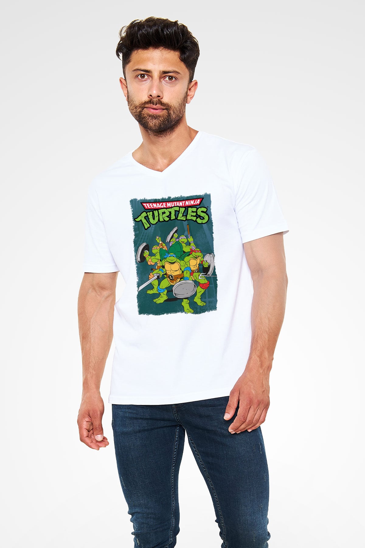 Teenage Mutant Ninja Turtles Ninja Kaplumbağalar Beyaz Unisex V Yaka Tişört