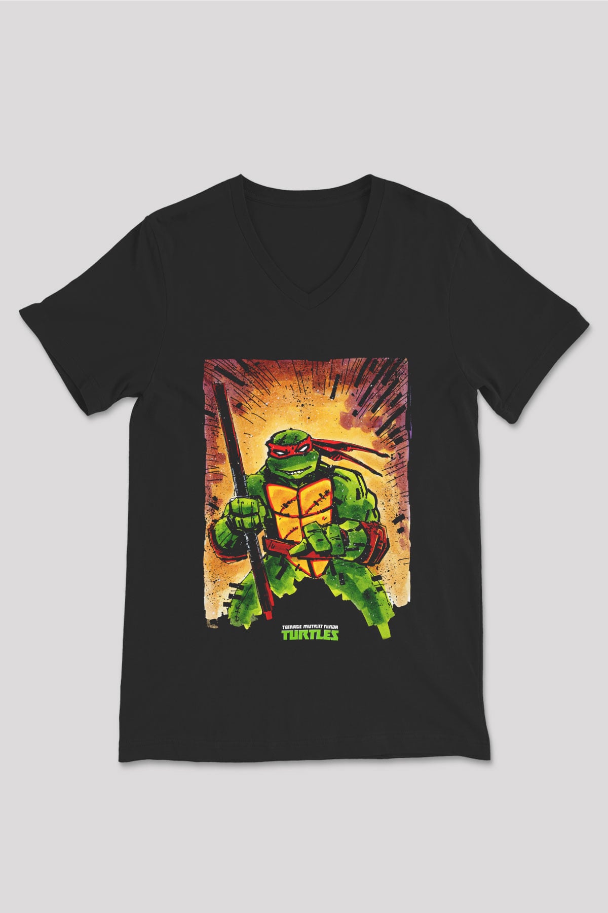 Teenage Mutant Ninja Turtles Ninja Kaplumbağalar Siyah Unisex V Yaka Tişört