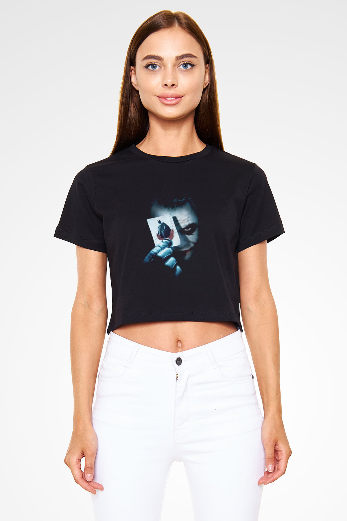 Tek Gözlü Joker Baskılı  Siyah  Crop Top Tişört