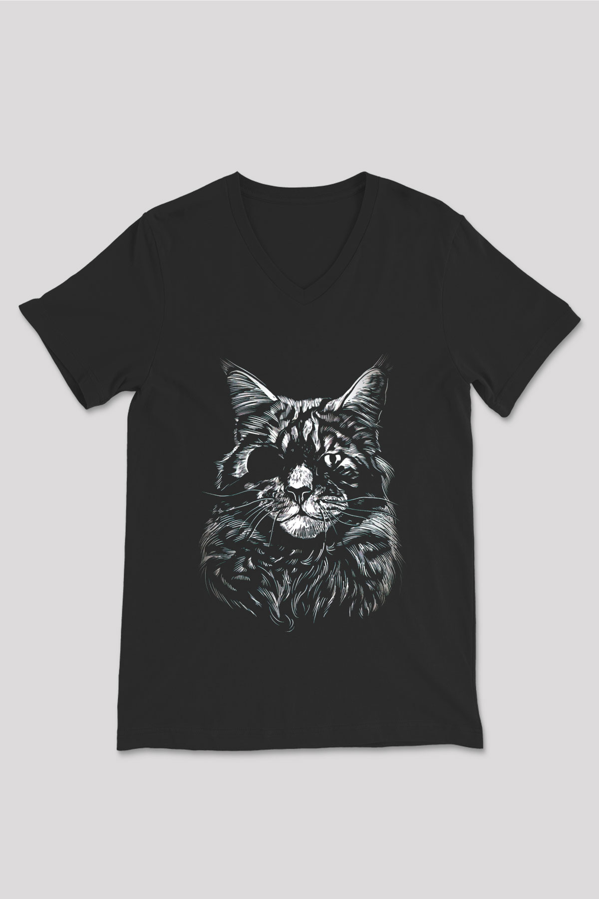 Tek Gözlü Kedi Baskılı Unisex Siyah  V Yaka Tişört