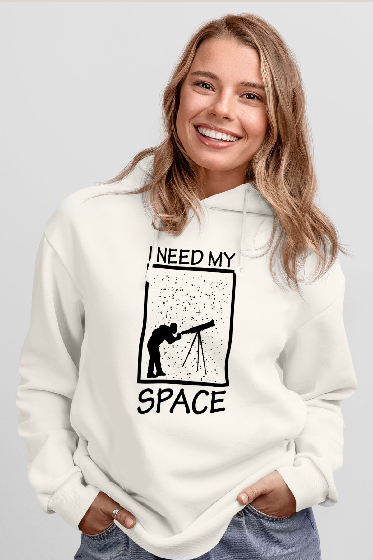 Teleskop Astronomi Baskılı Unisex Ekru Hoodie