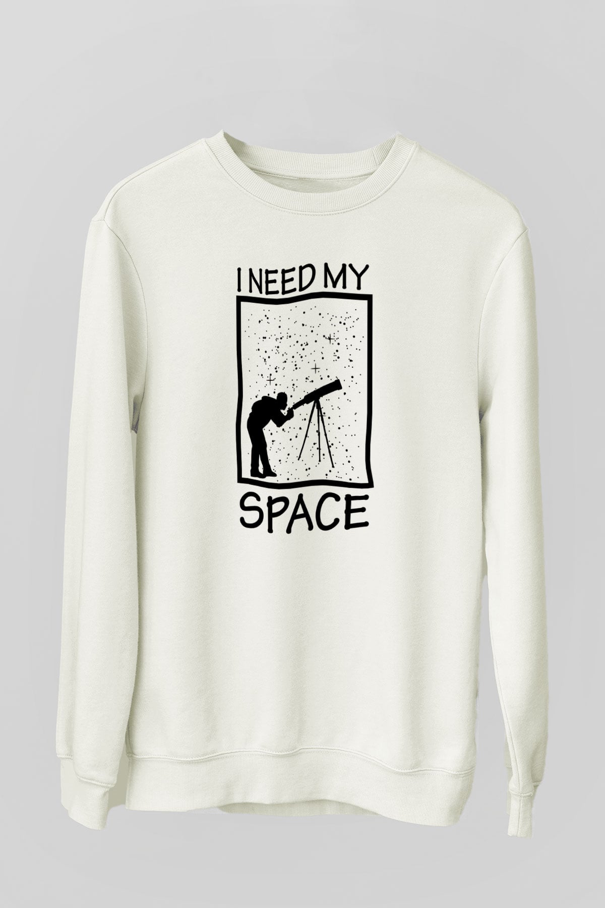 Teleskop Astronomi Baskılı Unisex Ekru Sweatshirt