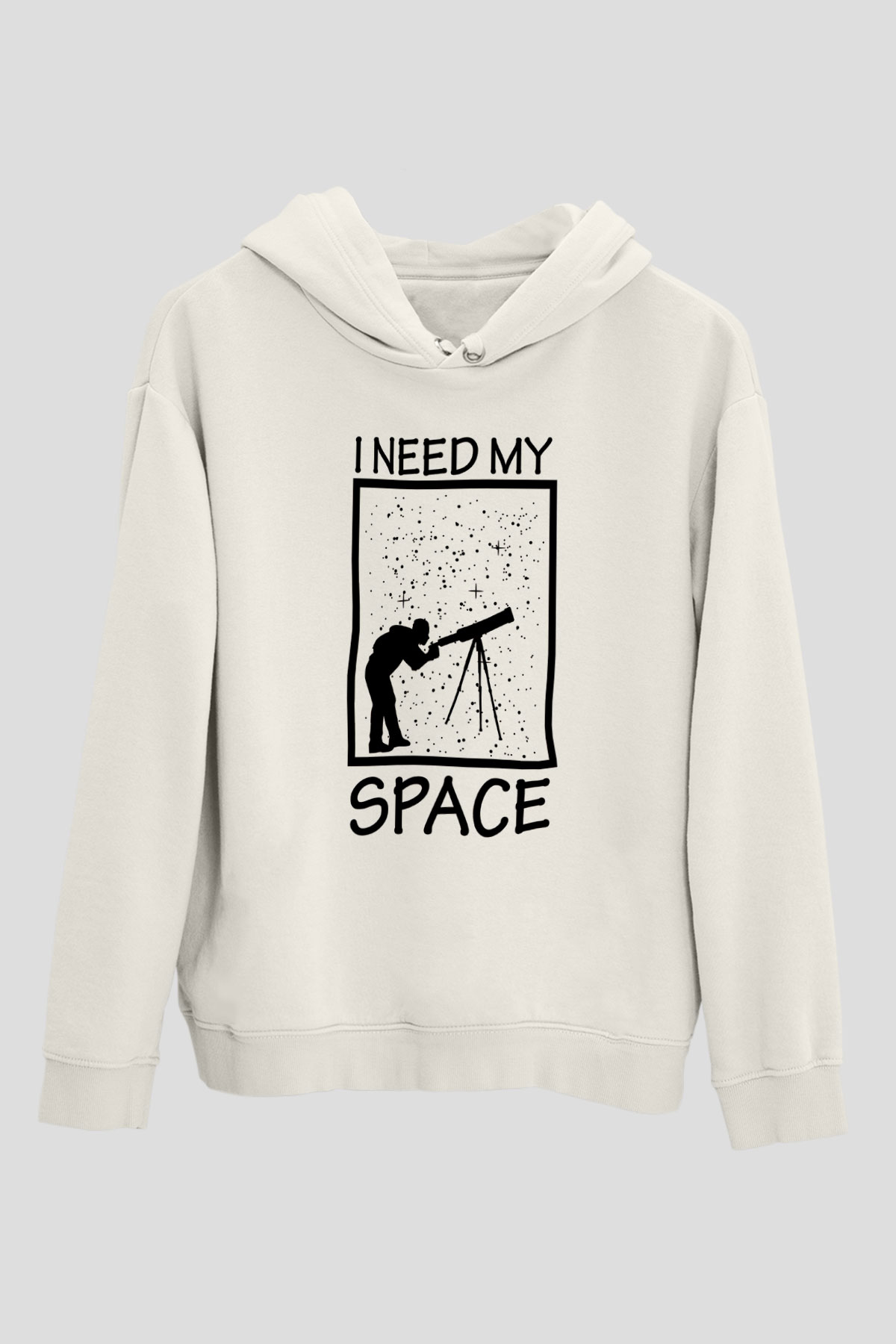 Teleskop Astronomi Baskılı Unisex Ekru Hoodie