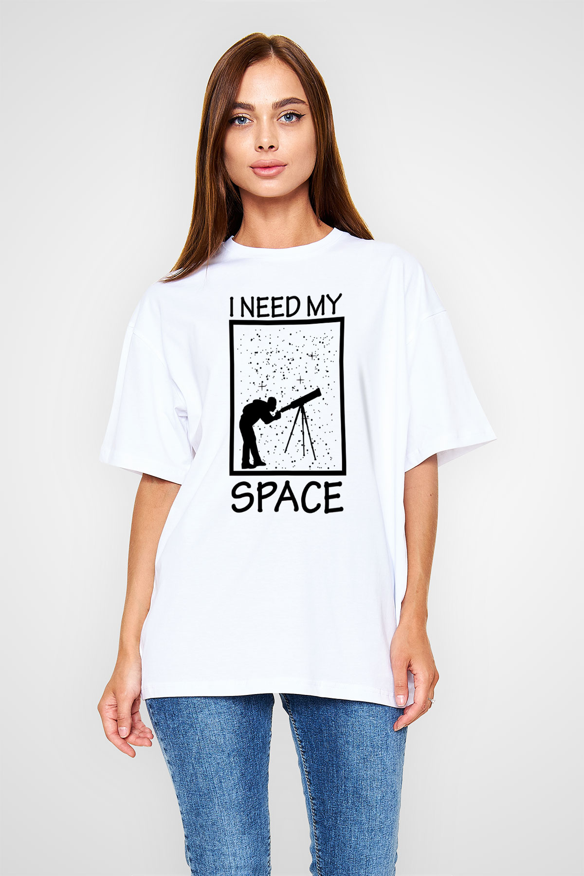 Teleskop Astronomi Baskılı Unisex Oversize Beyaz Tişört - Tshirt