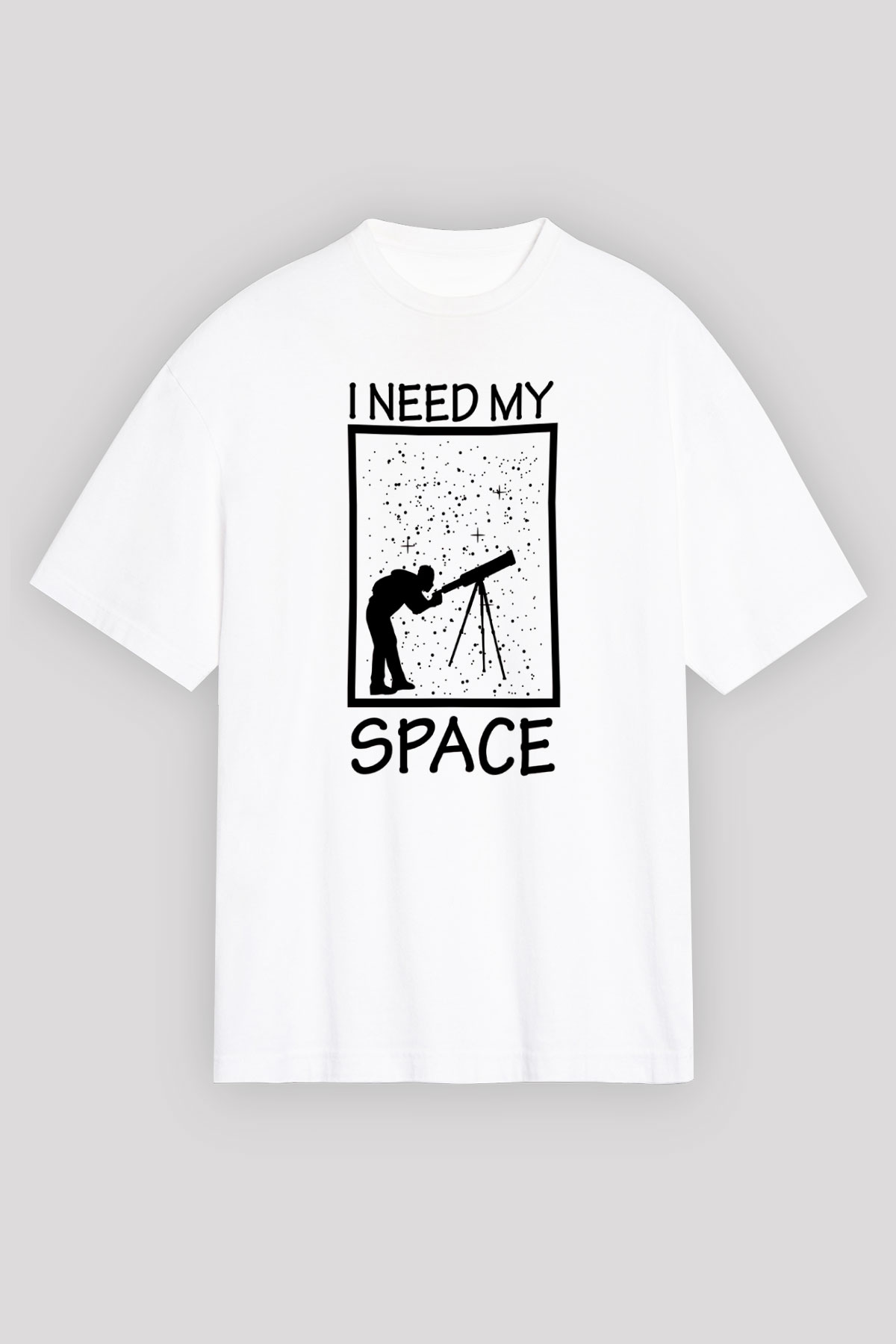 Teleskop Astronomi Baskılı Unisex Oversize Beyaz Tişört - Tshirt
