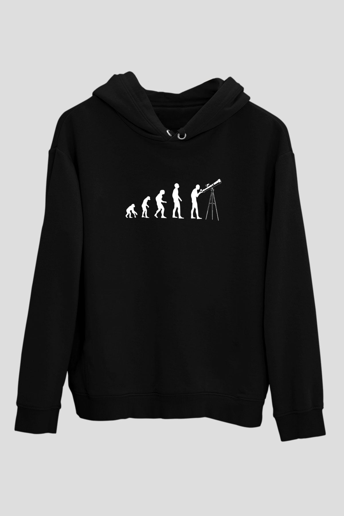 Teleskop Evrim Baskılı Unisex Siyah Kapüşonlu Sweatshirt
