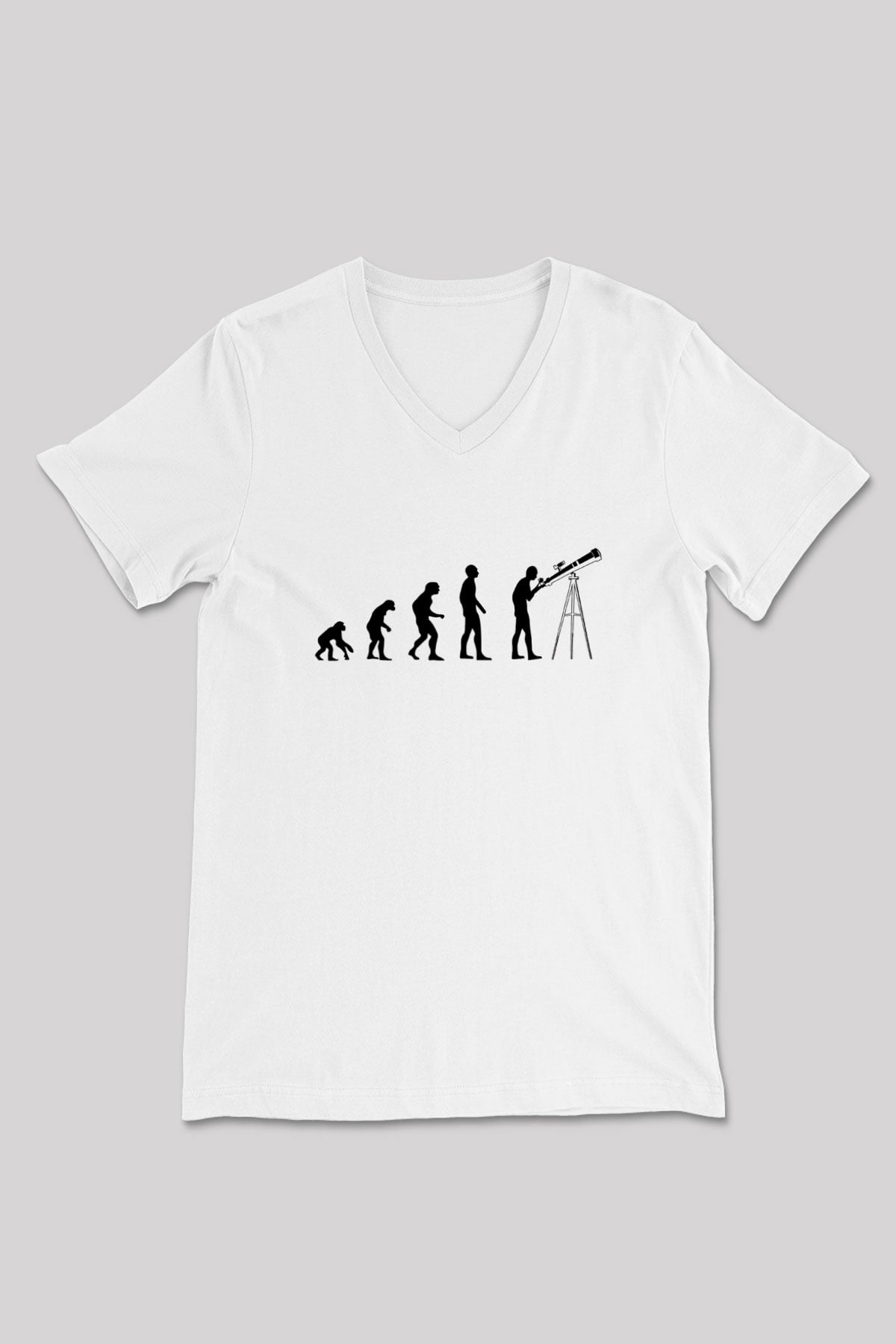 Teleskop Evrim Baskılı Unisex V Yaka Beyaz Tişört - Tshirt