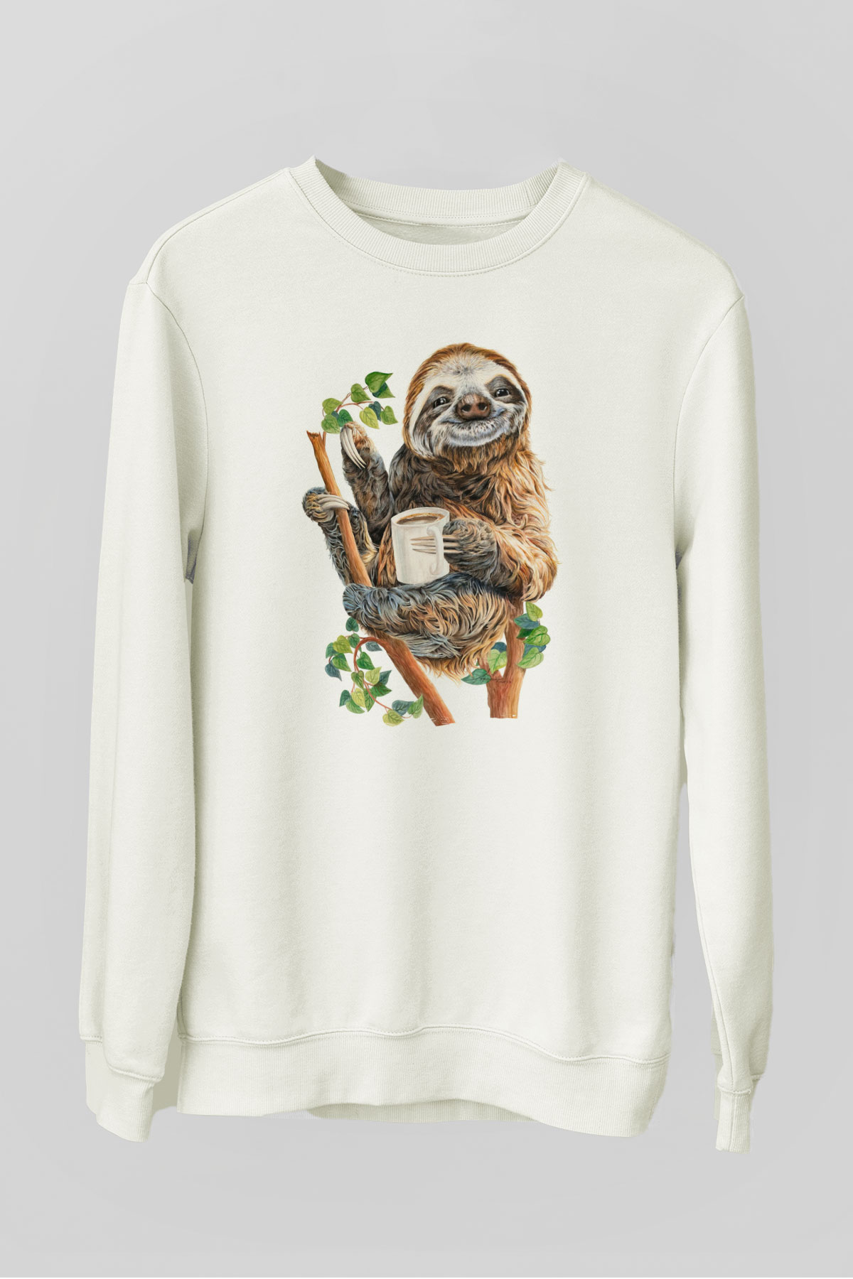 Tembel Hayvan Baskılı Unisex Beyaz  Sweatshirt