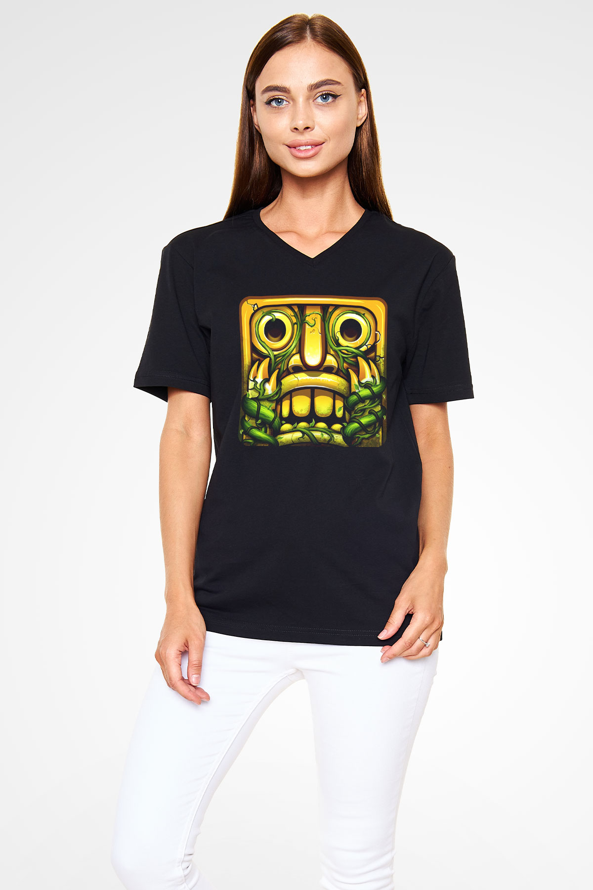 Temple Run Siyah Unisex V Yaka Tişört