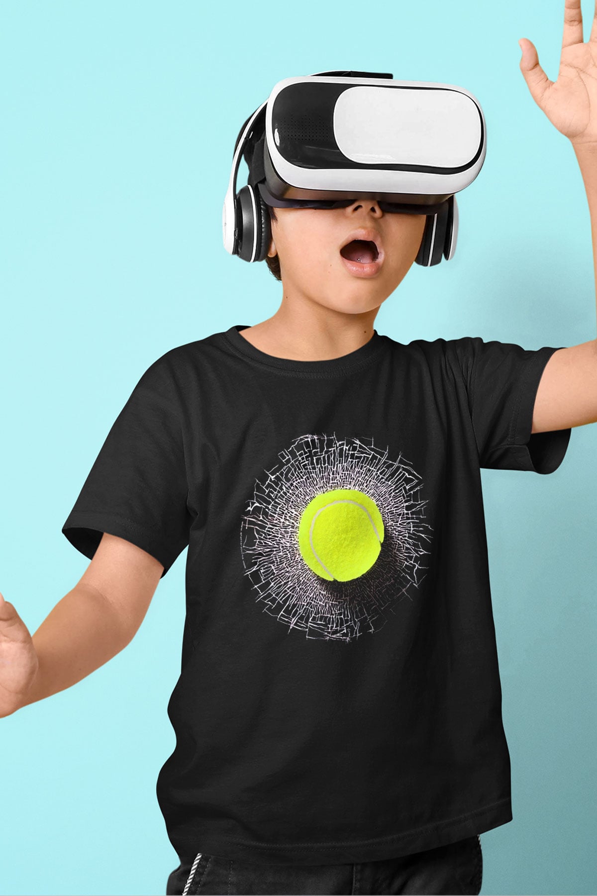 Tenis Baskılı Siyah Unisex Çocuk Tişört