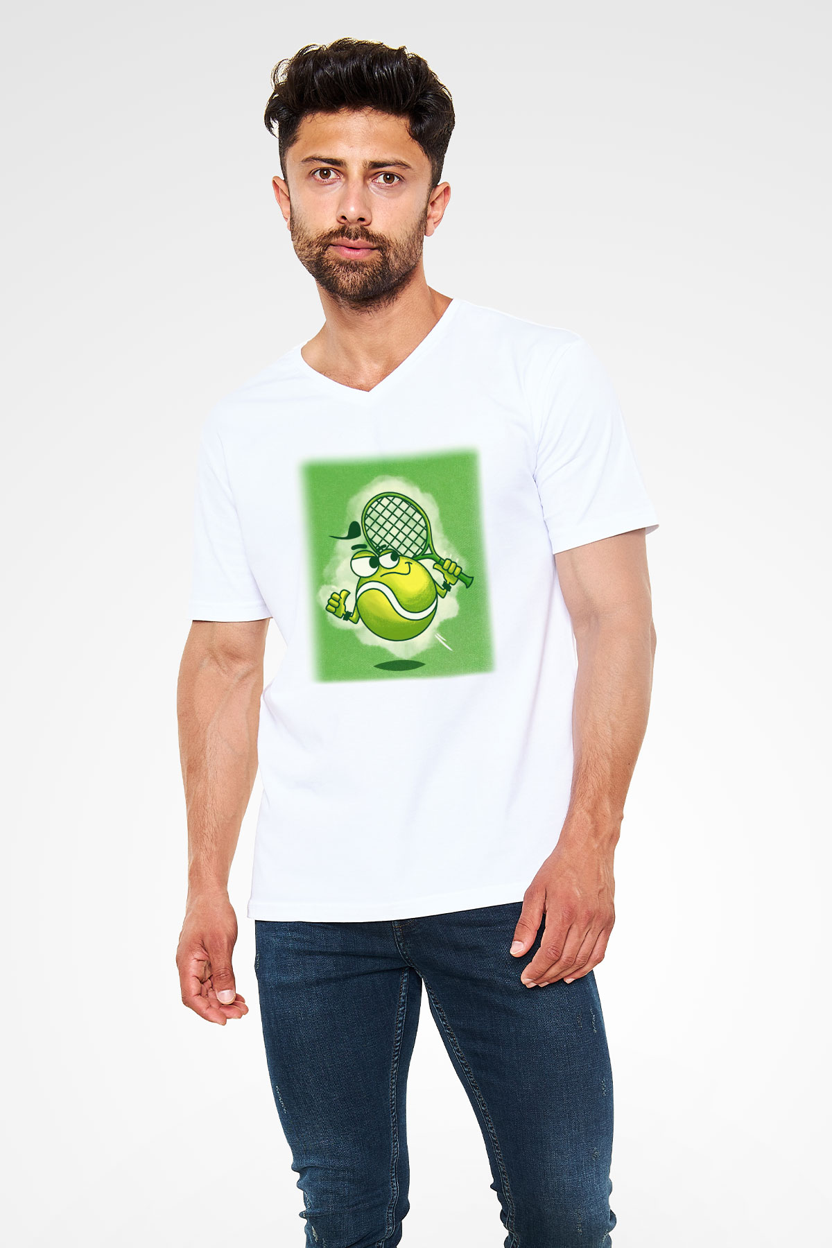 Tenis Beyaz Unisex V Yaka Tişört T-Shirt