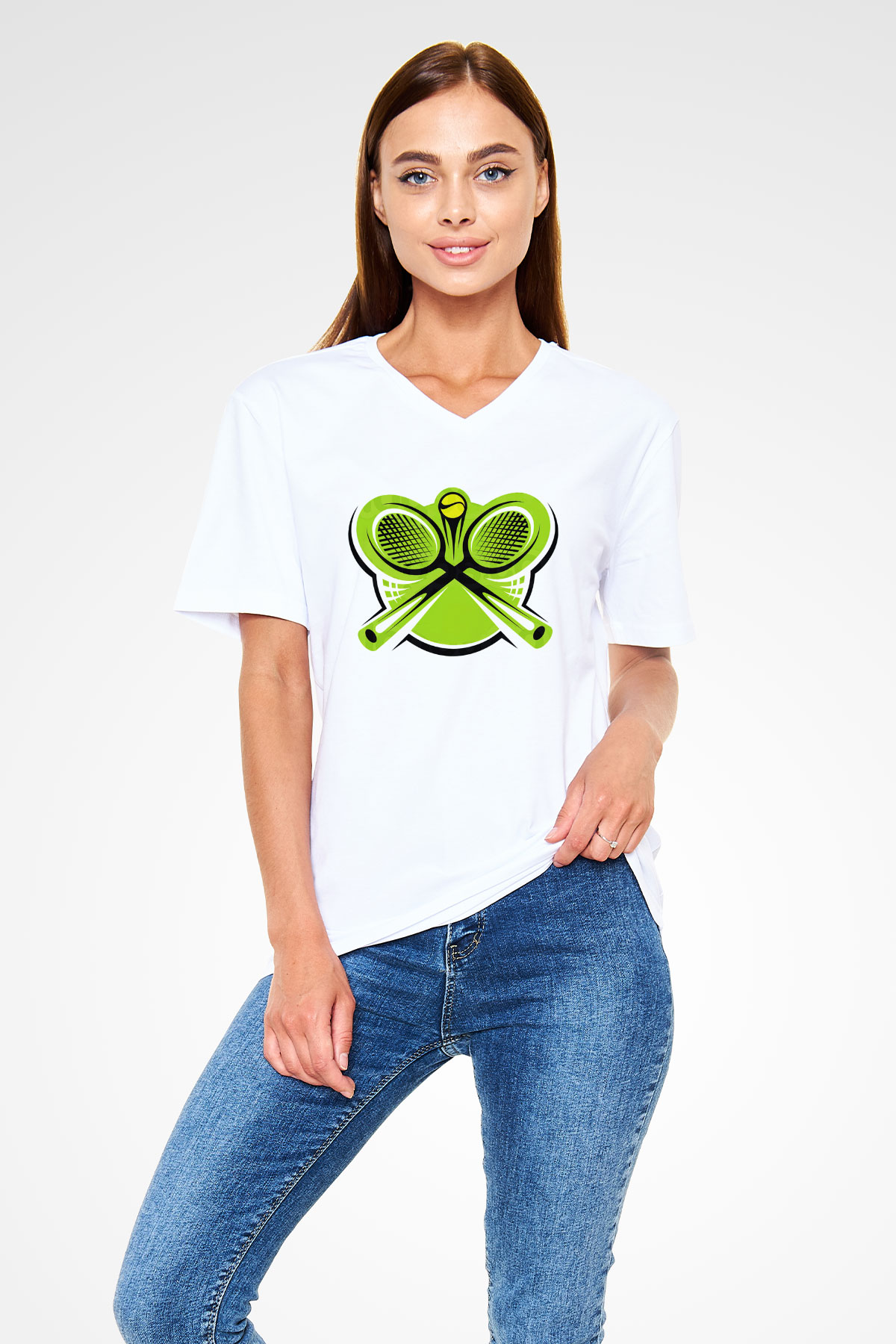 Tenis Beyaz Unisex V Yaka Tişört T-Shirt