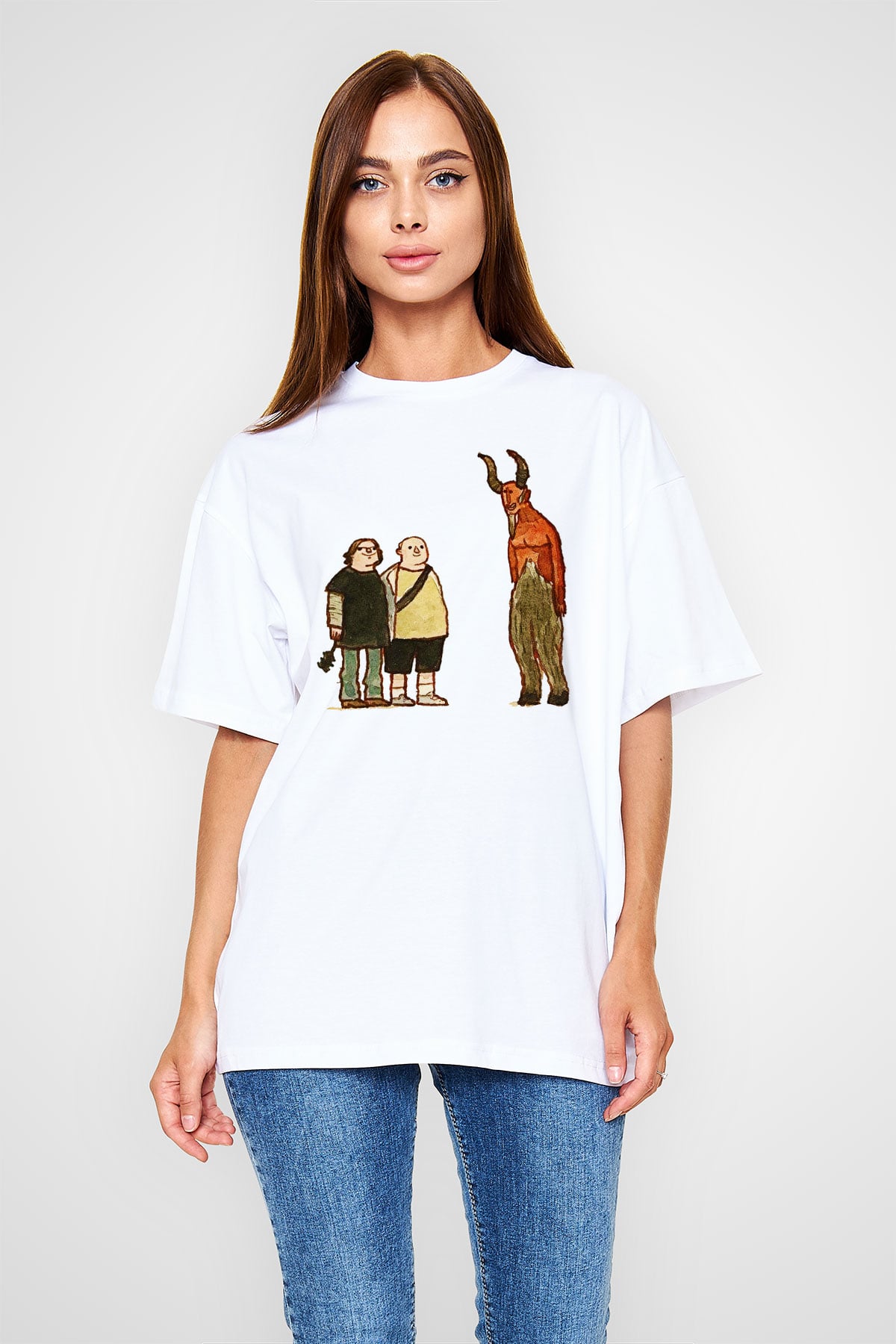 Teracious D Baskılı Beyaz Unisex Oversize Tişört - Tshirt