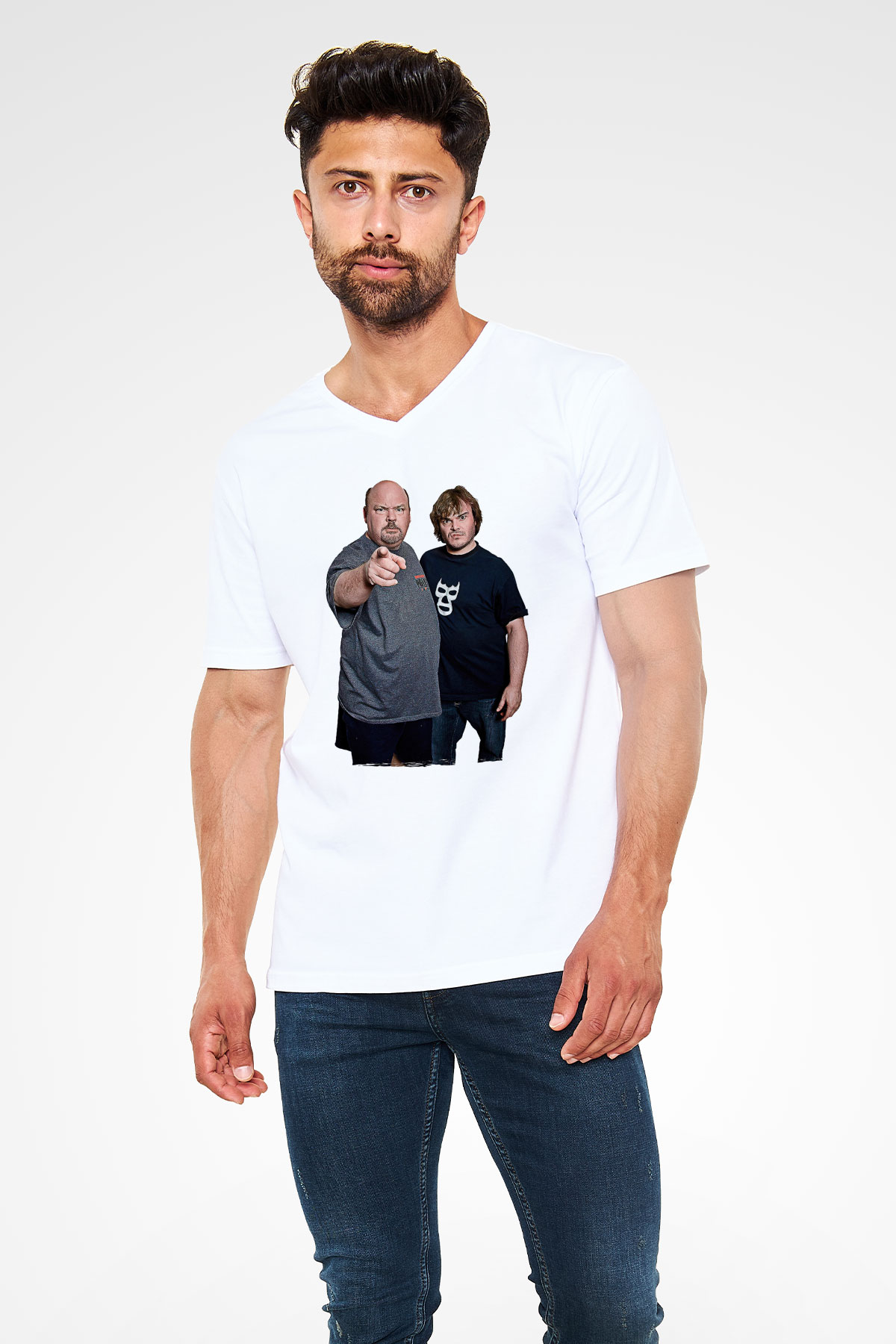Teracious D Baskılı Beyaz Unisex V Yaka Tişört - Tshirt