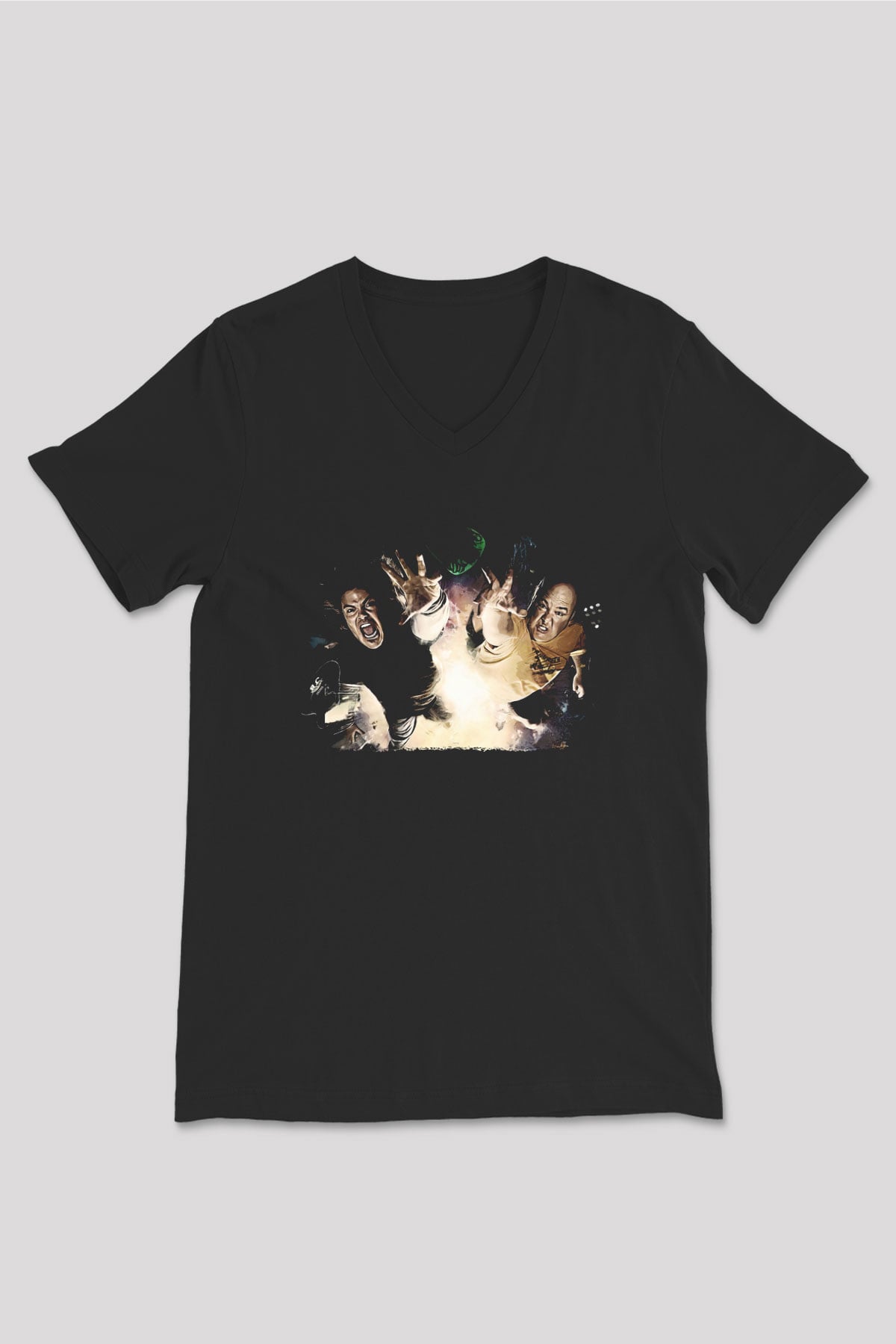 Teracious D Baskılı Unisex Siyah V Yaka Tişört - Tshirt