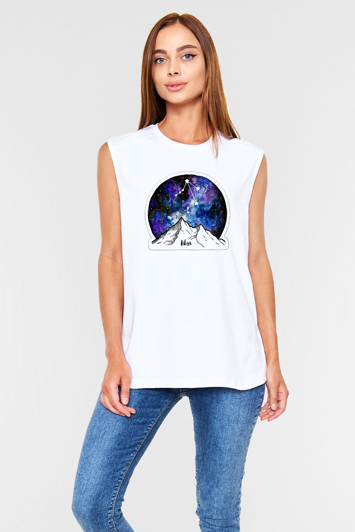 Terazi Burcu Baskılı Beyaz Unisex Kolsuz Tişört - Tshirt