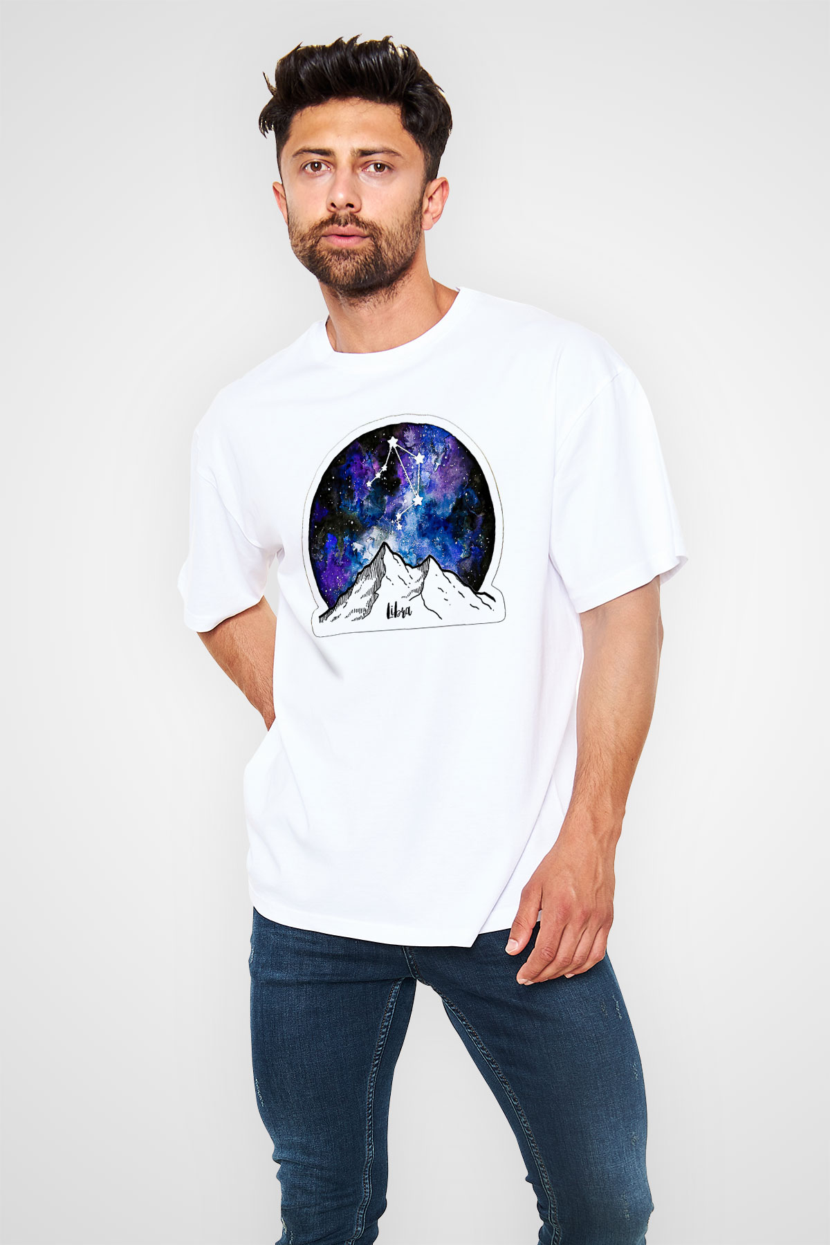 Terazi Burcu Baskılı Beyaz Unisex Oversize Tişört - Tshirt