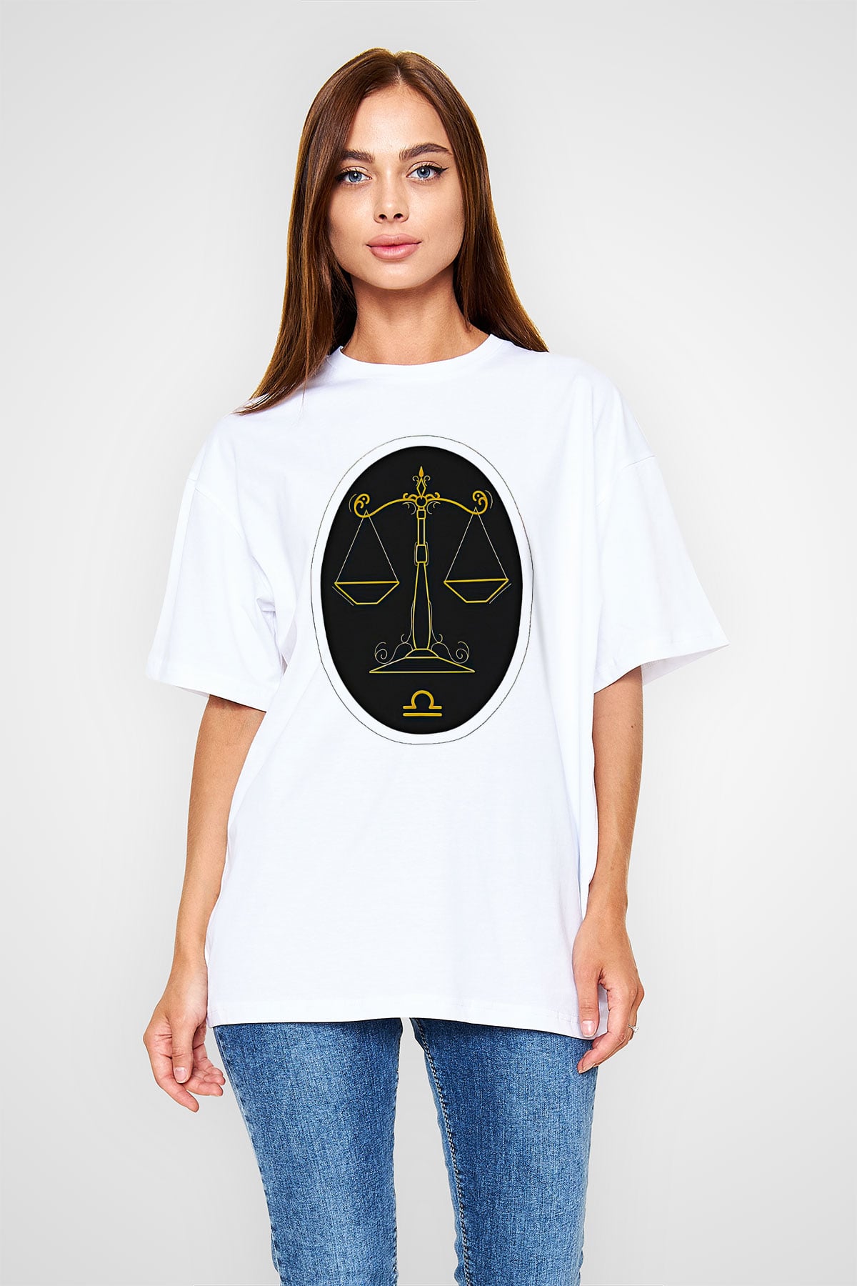 Terazi Burcu Baskılı Beyaz Unisex Oversize Tişört - Tshirt