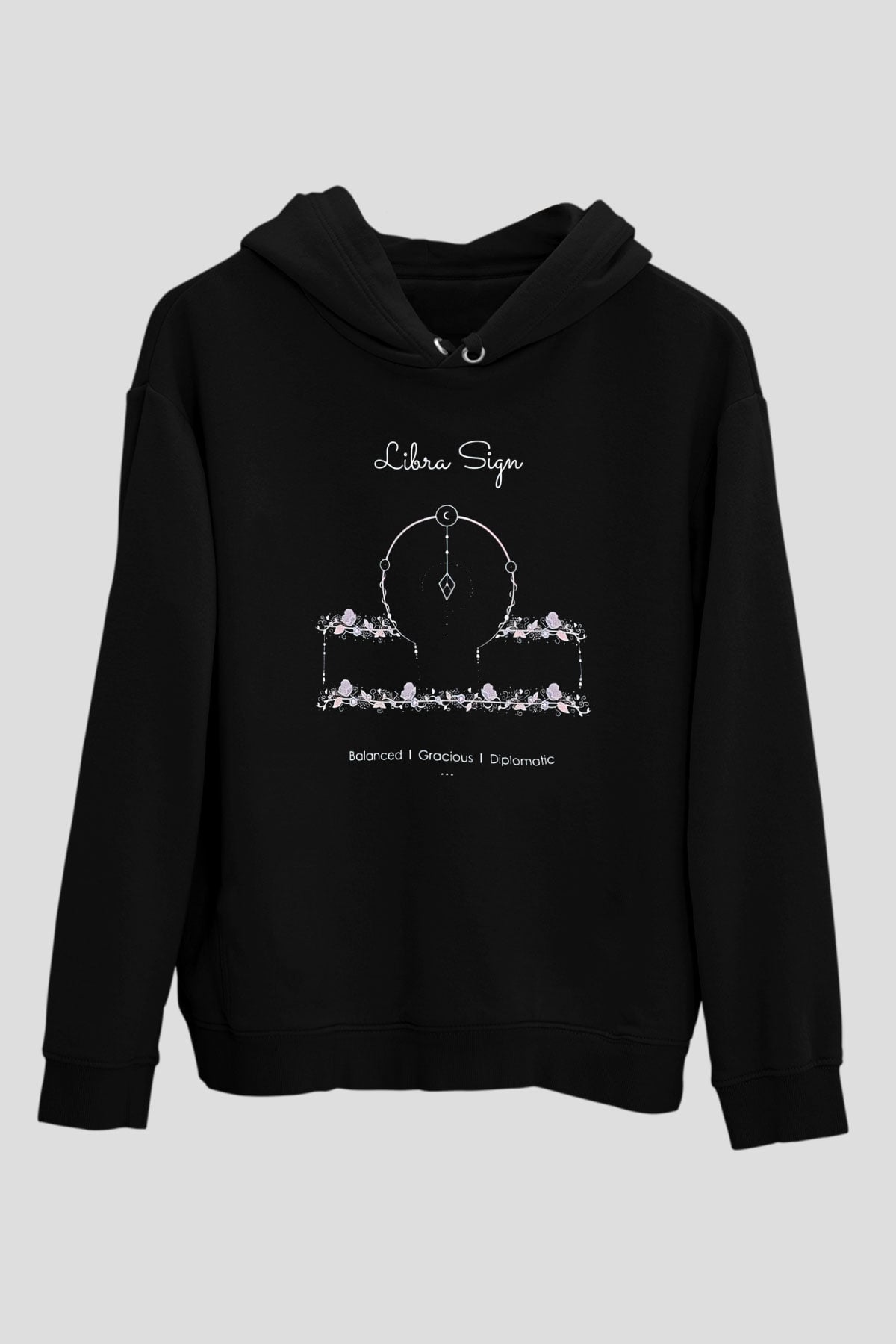 Terazi Burcu Baskılı Unisex Siyah Hoodie